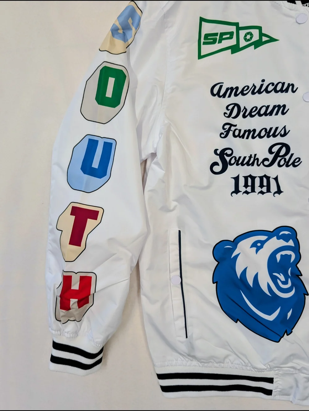 Southpole Bear Chenille Patch Jacket Black Striped Trim NWT Men's Size M
